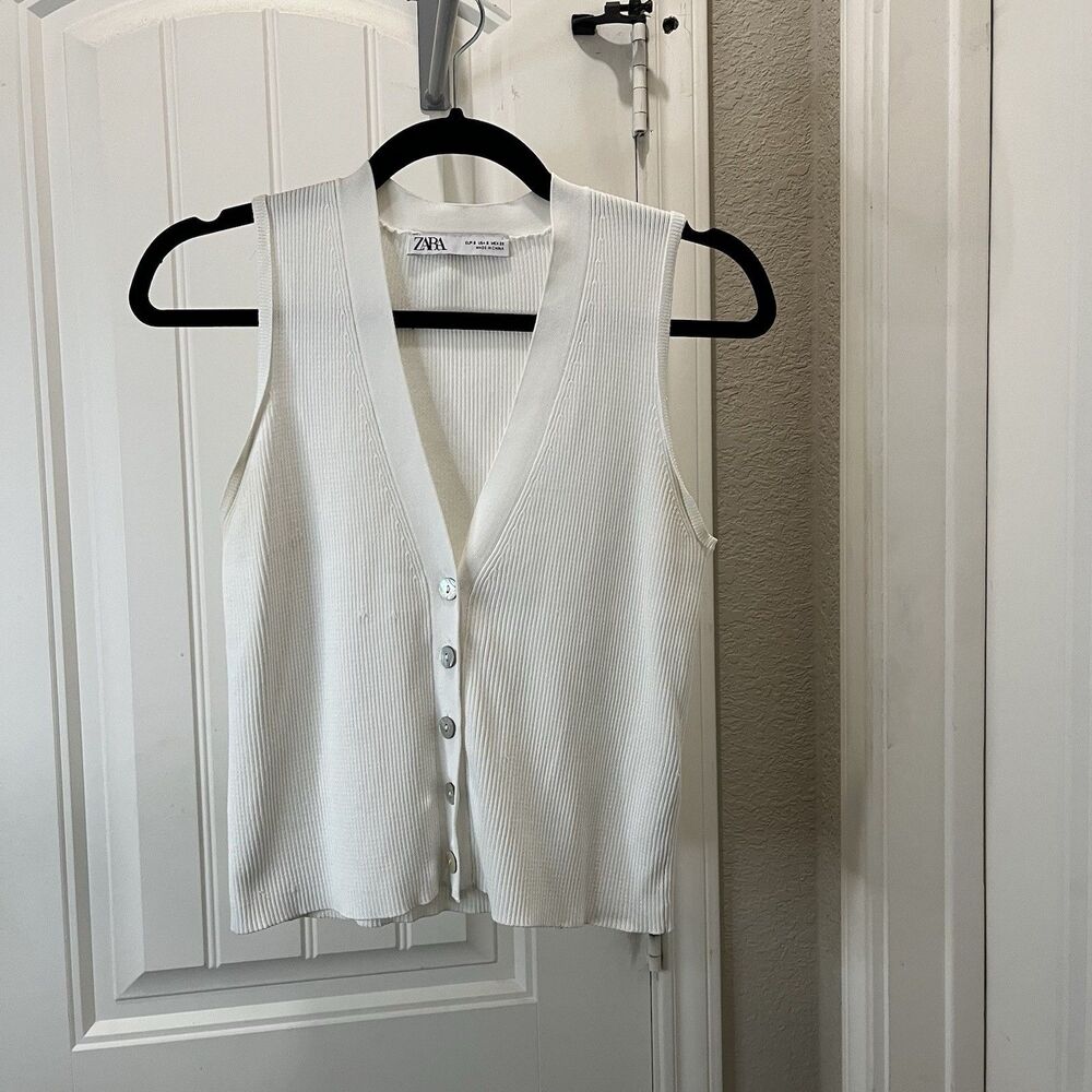Zara White Ribbed Button Up Crop Top Blouse Womens Size S Viscose Blend